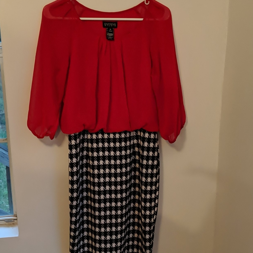 Knee length red & houndstooth dress